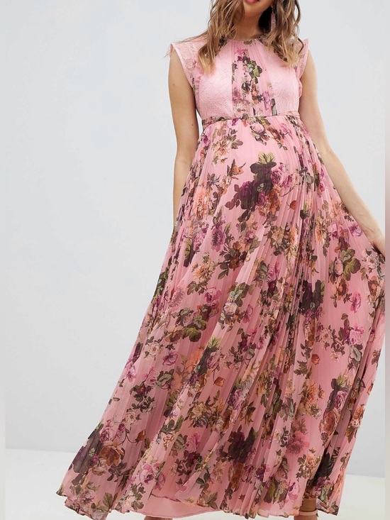 asos pink floral maternity dress ASOS DESIGN Maternity angel cape sleeve pleated hem midi dress in floral print